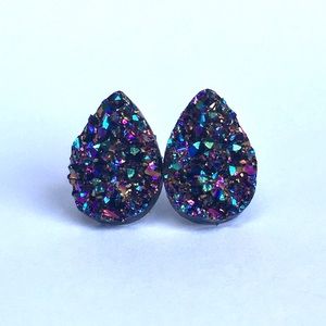 Druzy Large Iridescent Purple Teardrop Stud Earrings
